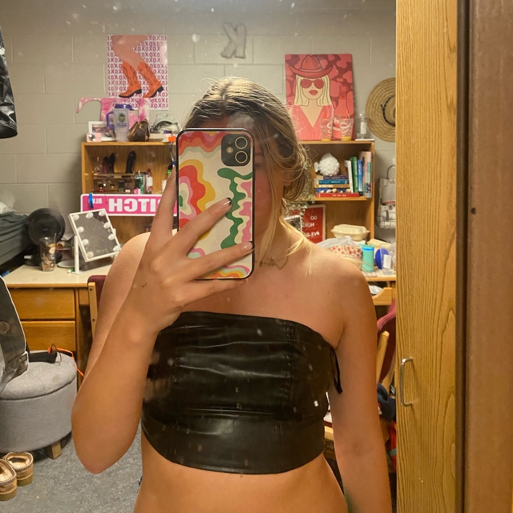 Strapless bandeau leather top